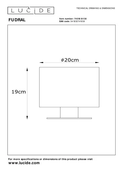 Lucide FUDRAL - Lampe de table - Ø 20 cm - 1xE27 - Noir - technique